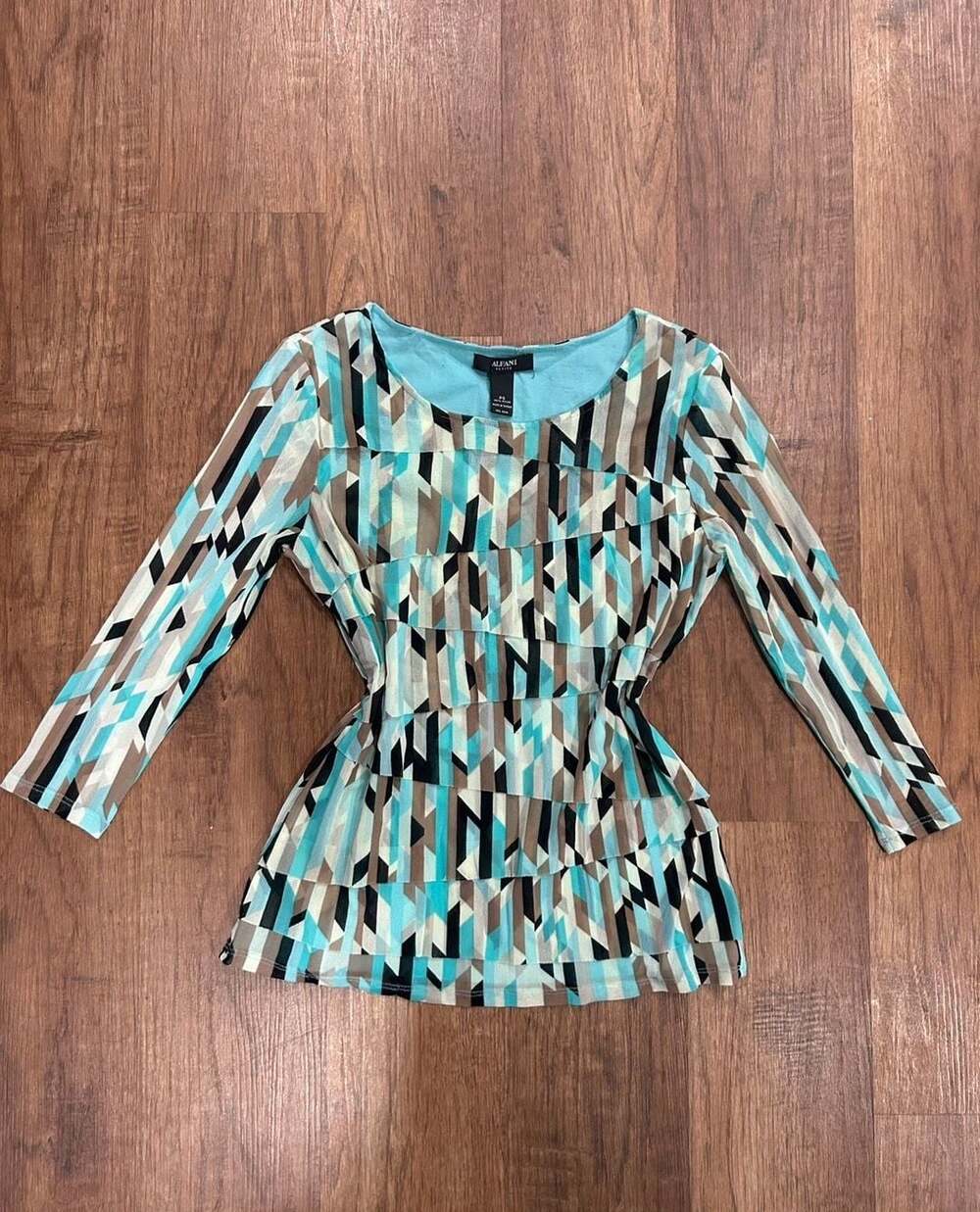Vintage Alfani Petite Women's Long Sleeve Geometric Pattern Mesh Blouse